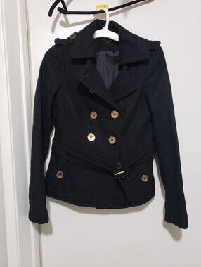 Womens Black Double-Breasted Peacoat Jacket